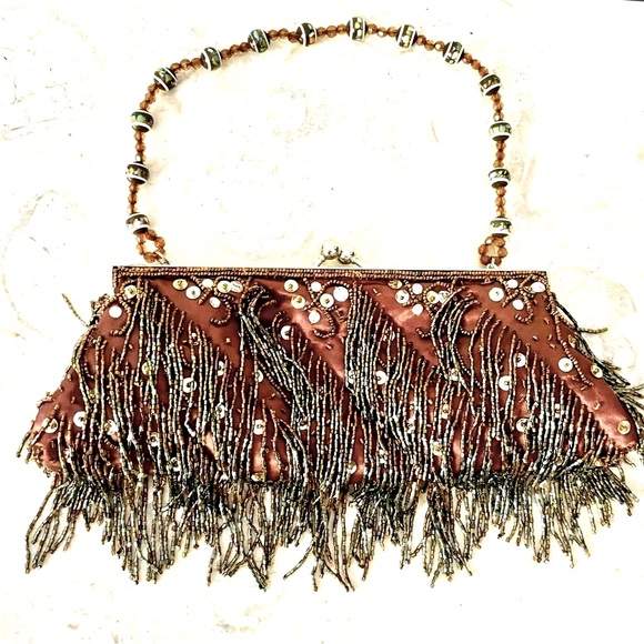 Formal vintage evening bag brown satin, sparkling sequins, beads- special events - Picture 2 of 9